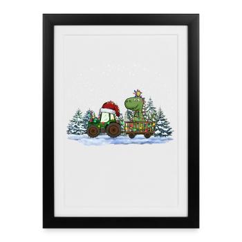 Tracteur de Noël Arbre Rex Dino Tracteur Pyjama - Affiche encadrée (27 × 37 cm) - noir - Devant