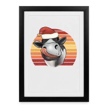 Vache de Noël avec chapeau de Noël rétro - Affiche encadrée (27 × 37 cm) - noir - Devant