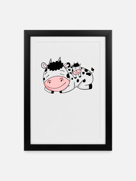 Kuh mit Baby Kuh - Gerahmtes Poster (27 × 37 cm) - Schwarz