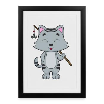 Canne à pêche Cat Angler Canne à pêche - Affiche encadrée (27 × 37 cm) - noir - Devant