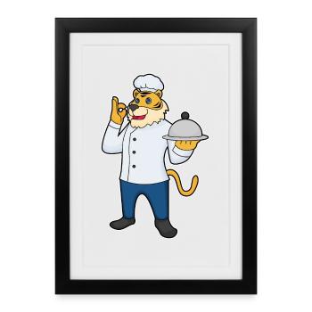 Cuisinier tigre servant la cuisine de cloches - Affiche encadrée (27 × 37 cm) - noir - Devant