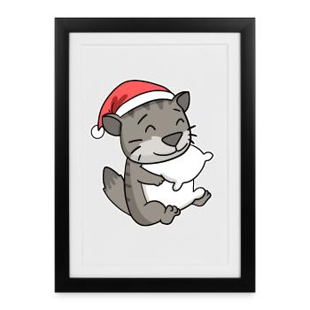 Siberian Cat Cat Christmas Sleep Tired - Framed poster (27 × 37 cm) - black - Front