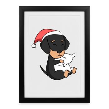 Teckel chien Noël sommeil fatigué - Affiche encadrée (27 × 37 cm) - noir - Devant