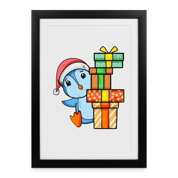 Pingouin de Noël avec cadeaux - Affiche encadrée (27 × 37 cm) - noir - Devant
