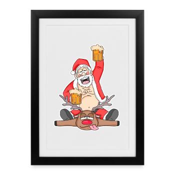 Santa Beer drôle de cerf - Affiche encadrée (27 × 37 cm) - noir - Devant