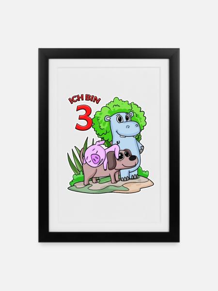 3. Geburtstag Niedliche Tiere 3 Jahre alt - Gerahmtes Poster (27 × 37 cm) - Schwarz