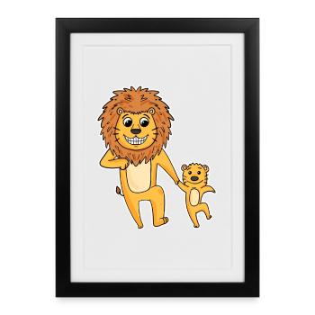 Lion avec bébé lion - Affiche encadrée (27 × 37 cm) - noir - Devant