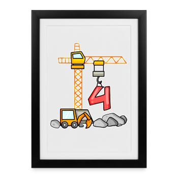 4ème anniversaire 4 ans grue chantier excavatrice garçon - Affiche encadrée (27 × 37 cm) - noir - Devant