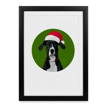 Grand chien danois au chapeau de père Noël pour Noël - Affiche encadrée (27 × 37 cm) - noir - Devant