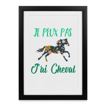 Je peux pas j'ai cheval florale poney equitation - Affiche encadrée (27 × 37 cm) - noir - Devant