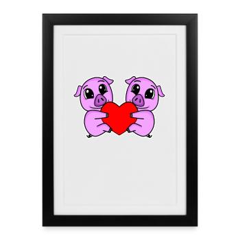 Cœur de Cochon Amour Cochons - Affiche encadrée (27 × 37 cm) - noir - Devant