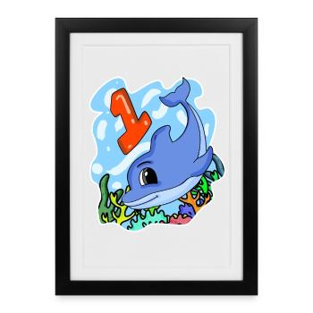 1 an - Inscription - Motif dauphin - Affiche encadrée (27 × 37 cm) - noir - Devant