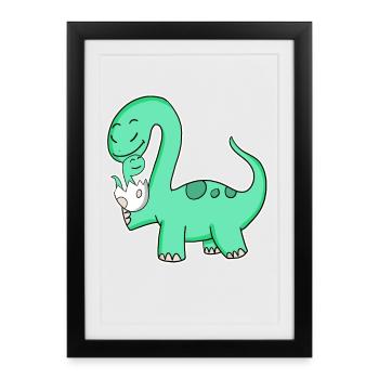 Dinosaure avec bébé dinosaure - Affiche encadrée (27 × 37 cm) - noir - Devant