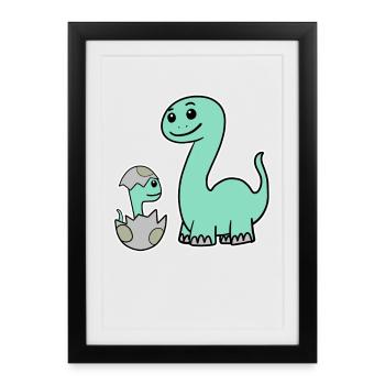 Dinosaure avec bébé dinosaure - Affiche encadrée (27 × 37 cm) - noir - Devant