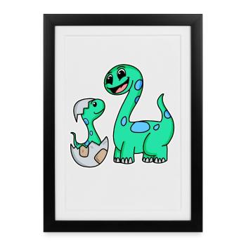 Dinosaure avec famille Baby Dinosaur - Affiche encadrée (27 × 37 cm) - noir - Devant