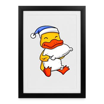 Canard avec oreiller et bonnet de couchage - Affiche encadrée (27 × 37 cm) - noir - Devant