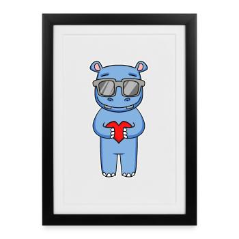 Nilpferd mit Sonnenbrille und Herz - Nilpferd - Gerahmtes Poster (27 × 37 cm) - Schwarz - Vorne