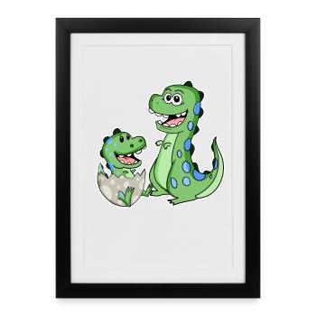 Dinosaure avec bébé dinosaure - Affiche encadrée (27 × 37 cm) - noir - Devant