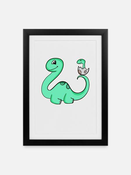 Dinosaurier mit Baby Dinosaurier - Gerahmtes Poster (27 × 37 cm) - Schwarz