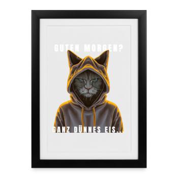 Katze im Hoodie Neon Outline - Gerahmtes Poster (27 × 37 cm) - Schwarz - Vorne