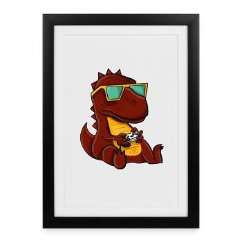 T-Rex Gamer Gaming Joueurs - Affiche encadrée (27 × 37 cm) - noir - Devant
