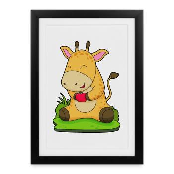 Giraffe Apfel  - Gerahmtes Poster (27 × 37 cm) - Schwarz - Vorne