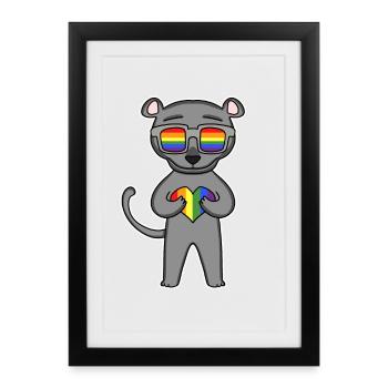 Arc-en-ciel - Panthère noire avec lunettes et cœur - Affiche encadrée (27 × 37 cm) - noir - Devant