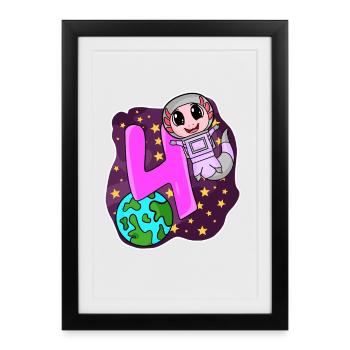4e anniversaire - Cadeau de fille astronaute de 4 ans - Affiche encadrée (27 × 37 cm) - noir - Devant