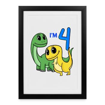 4 years old - 4th birthday dinosaur - Framed poster (27 × 37 cm) - black - Front