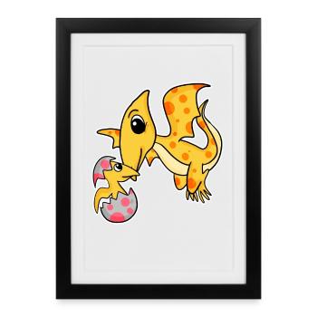 Dino avec famille de bébés dinosaures - Affiche encadrée (27 × 37 cm) - noir - Devant