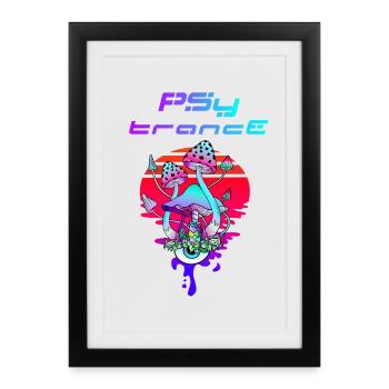 Psytrance Psychédélique Champignon Coucher de Soleil - Affiche encadrée (27 × 37 cm) - noir - Devant