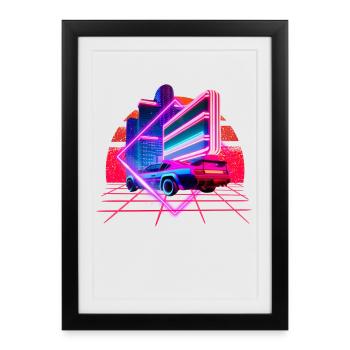 Retro Wave Sports Car 80s Skyline Vaporwave - Framed poster (27 × 37 cm) - black - Front