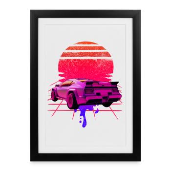 Retro Wave Supercar Sunset - Affiche encadrée (27 × 37 cm) - noir - Devant