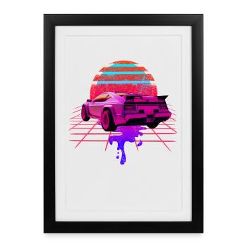 Retro Wave Car 80s Skyline Vaporwave - Affiche encadrée (27 × 37 cm) - noir - Devant