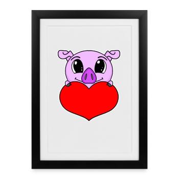 Pig Heart Love - Heart Motif - Affiche encadrée (27 × 37 cm) - noir - Devant