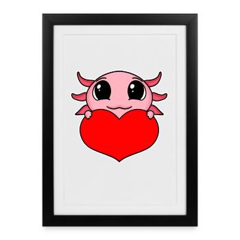 Axolotl Heart Love - Heart Motif - Affiche encadrée (27 × 37 cm) - noir - Devant
