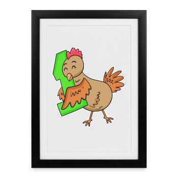 1 an - Inscription - Motif poulet - Gagnant - Affiche encadrée (27 × 37 cm) - noir - Devant