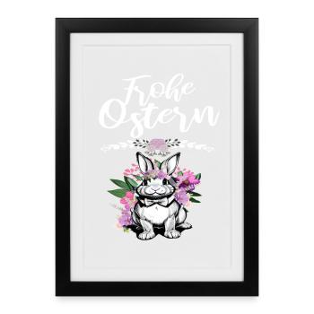 Frohe Ostern Blumen und Osterhasen - Gerahmtes Poster (27 × 37 cm) - Schwarz - Vorne