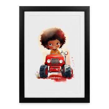 Petit enfant avec un tracteur rouge - Affiche encadrée (27 × 37 cm) - noir - Devant