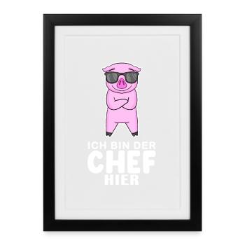 cooles Schwein Chef Spruch - Gerahmtes Poster (27 × 37 cm) - Schwarz - Vorne