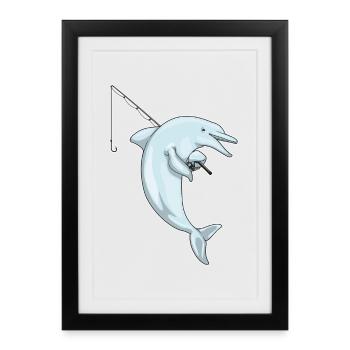 Canne à pêche Dolphin Pêcheur Canne à pêche - Affiche encadrée (27 × 37 cm) - noir - Devant