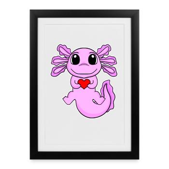 Axolotl Heart Love - Heart Motif - Affiche encadrée (27 × 37 cm) - noir - Devant