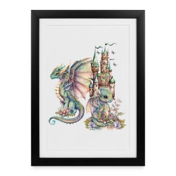 Dragon fantastique avec château de conte de fées - Affiche encadrée (27 × 37 cm) - noir - Devant