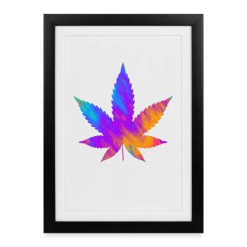 Feuille de cannabis | Feuille de chanvre colorée - Affiche encadrée (27 × 37 cm) - noir - Devant