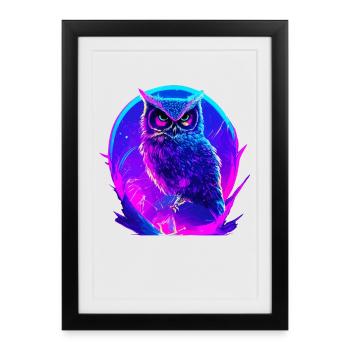Owl Vaporwave Owls Bird Neon Artwork - Affiche encadrée (27 × 37 cm) - noir - Devant