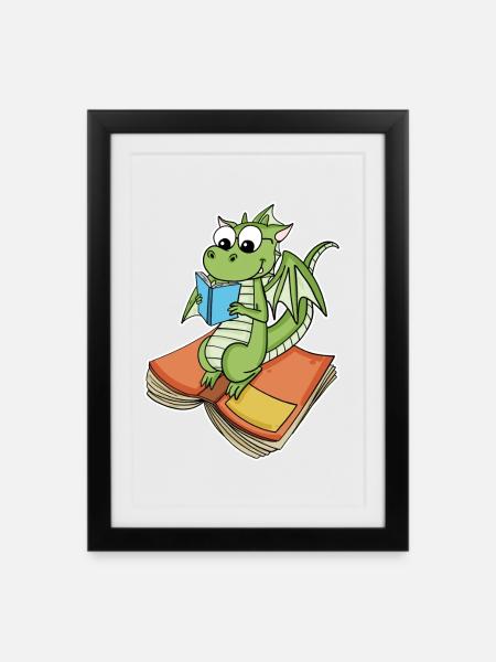 Bücher Drache Drachen - Gerahmtes Poster (27 × 37 cm) - Schwarz