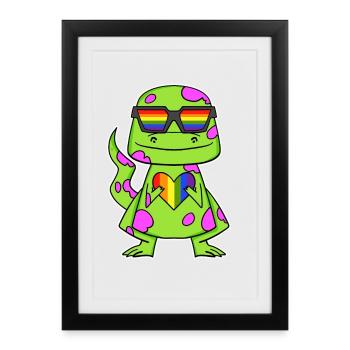 Dino Rainbow Heart Dinosaure - Affiche encadrée (27 × 37 cm) - noir - Devant