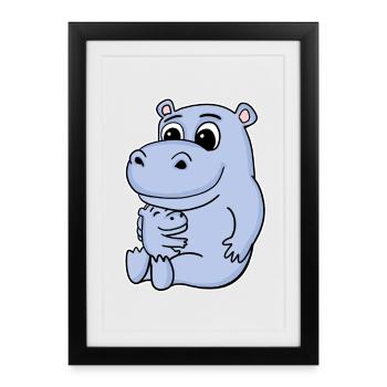 Famille Hippopotame - hippopotame avec bébé - Affiche encadrée (27 × 37 cm) - noir - Devant