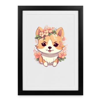 Chienne japonaise Shiba Inu, fille avec couronne - Affiche encadrée (27 × 37 cm) - noir - Devant