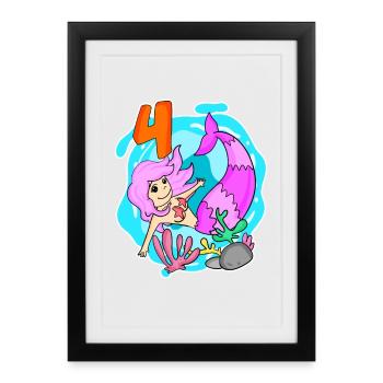 Fille 4 ans 4ème anniversaire sirène - Affiche encadrée (27 × 37 cm) - noir - Devant